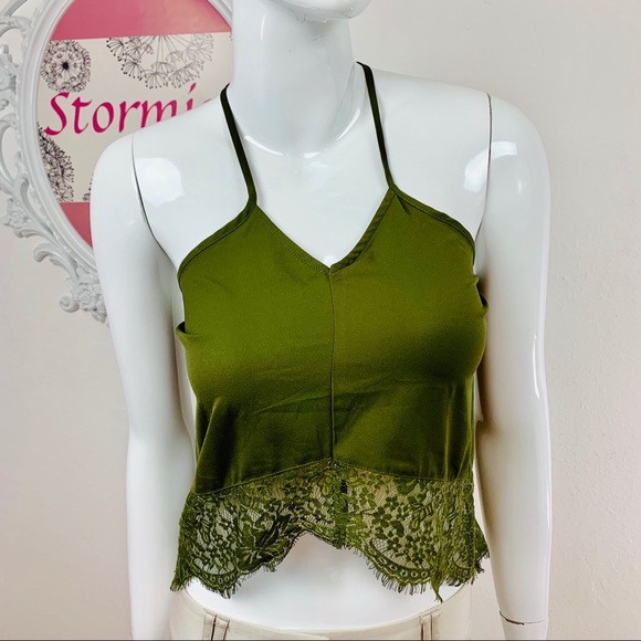 Tobi Tops - TOBI / Olive Green Lace Crop Camisole